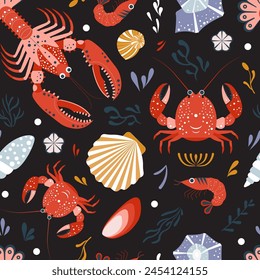 Marine pattern with lobsters or crayfishes, crabs, shrimps, shells and algae. Ocean life and sea creatures, animals and plants. Nautical background for textile, web design, wrapping and all prints.