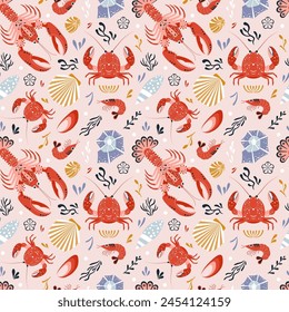 Marine pattern with lobsters or crayfishes, crabs, shrimps, shells and algae. Ocean life and sea creatures, animals and plants. Nautical background for textile, web design, wrapping and all prints.