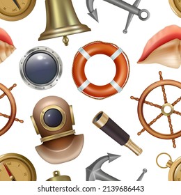 Marine pattern. Ocean realistic equipments lifebuoy steering wheel diving suit compass decent vector seamless background