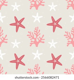 Marine pattern with pink corals and starfish on soft beige background. The pastel light pattern conveys cozy underwater world.