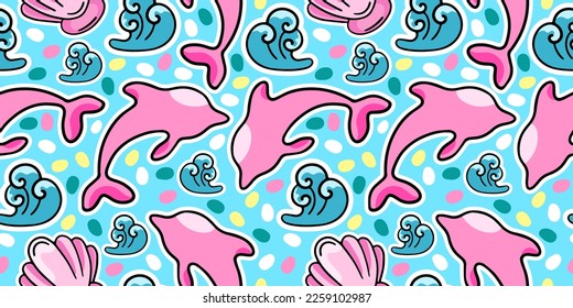 Marine pattern and pink dolphins  vacation  vector seamless pattern in the style doodles  hand draw
