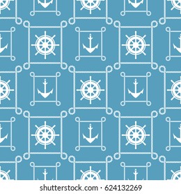 Marine pattern with rope frame and anchor. Background for baby card, summer and travel poster. Seamless pattern.