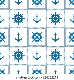 Marine pattern with rope frame and anchor. Background for baby card, summer and travel poster. Seamless pattern.