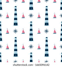 Marine pattern. Sailing yacht, lighthouse and compass. Vector illustration on a white background with elements of marine subjects for the poster, banner, textile.