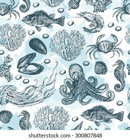 Marine pattern with sea elements and watercolor stains. Hand drawing. Seamless for fabric design, gift wrapping paper and printing and web projects.