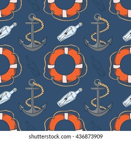 Marine pattern. 
Seamless pattern with anchors, buoys and bottles.
Can be used as a background, wallpapers or any other design.