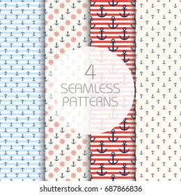 Marine pattern set. Four navy seamless patterns. Ship helm, anchor and stripes. Vector