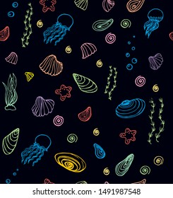 Marine pattern with shells jellyfish and starfish 