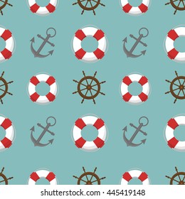 Marine pattern with ship helm, anchor and lifebuoy. Vector illustration.