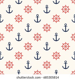 Marine pattern. Ship helm and anchor, navy seamless pattern. Vector