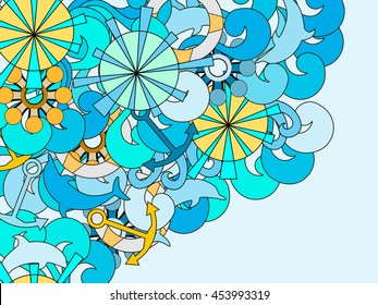 Marine pattern with space for text. Hand-drawn doodles waves and objects. 
Sea vector background.