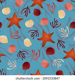 Marine pattern. Starfish, seashells, corals. Vector illustration