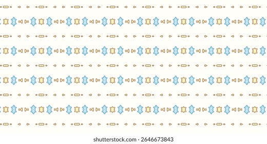Marine pattern with stylized blue and yellow sea creatures in a whimsical stripe layout.