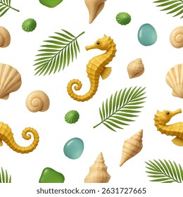 Marine Pattern. Summer print with shells and palm leaves