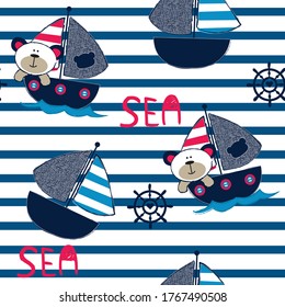 marine pattern with teddy bear, cute bear with sailboat seamless pattern