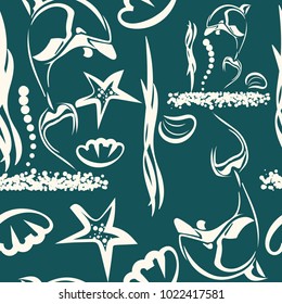 Marine pattern. Vector ocean creatures isolated on dark background. Vector illustration. Eps 10