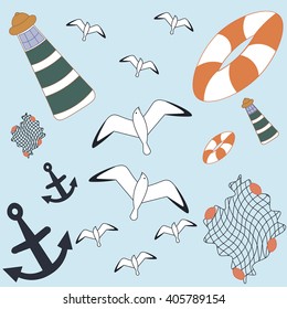  Marine pattern. Vector. Sea set: seagull, sky, sea, clouds, seine, lighthouse, a lifeline, anchor. Marine style .