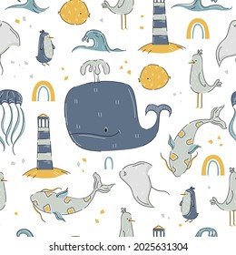 Marine pattern with whale, sea fish, lighthouse in hand drawn cartoon style. Vector stock illustration