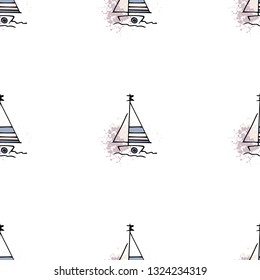 Marine pattern yachts silhouette on wave. Light summer sports seamless pattern. Marine icon sketch splash ink. Ship, sailboat nautical. Prints Retro sailing transport. Infinitely repeating motif.