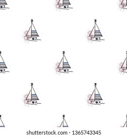 Marine pattern yachts silhouette on wave. Light summer sports seamless pattern. Marine icon sketch splash ink. Ship, sailboat nautical. Prints Retro sailing transport. Infinitely repeating motif.