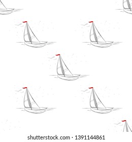 Marine pattern yachts silhouette on wave. Light summer sports seamless pattern. Marine icon sketch splash ink. Ship, sailboat nautical. Prints Retro sailing transport. Infinitely repeating motif.