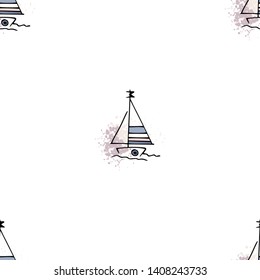 Marine pattern yachts silhouette on wave. Light summer sports seamless pattern. Marine icon sketch splash ink. Ship, sailboat nautical. Prints Retro sailing transport. Infinitely repeating motif.