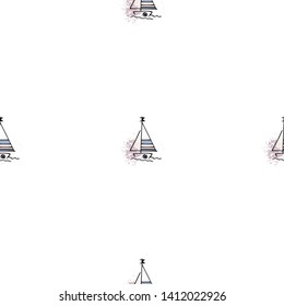 Marine pattern yachts silhouette on wave. Light summer sports seamless pattern. Marine icon sketch splash ink. Ship, sailboat nautical. Prints Retro sailing transport. Infinitely repeating motif.