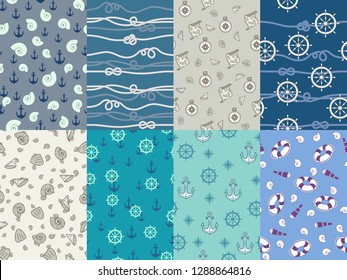Marine patterns. Navy anchor, blue sea texture and ocean nautical compass seamless pattern. Nautical sailor kids wallpaper or textile. Sail water seashell and anchor vector background set
