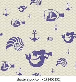 marine patterns. pattern with a mermaid, anchor, ship and shell