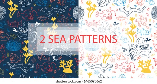 Marine patterns set with hand drawn underwater creature: starfish, actinia, octopus, angler fish. Cute illustrations in orange, blue, white, yellow. Lovely set on dark blue and white backgrounds.