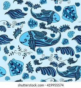 Marine patterns vector. Beautiful doodle. Design. Seamless background.