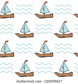 Marine pattern.Vector seamless pattern with red boat on a white background.Background with abstract ships and waves line.