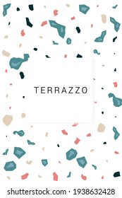 Marine and Peach Terrazzo Tile Vector White Background. Colorful Terrazzo Wall Backdrop. Blue and Beige Modern Poster.