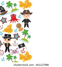 Marine pirate card banner design copy space, pirate boat with sail, gold coins crab octopus starfish island with palm trees anchor compass anchor helm treasures on white background. Vector