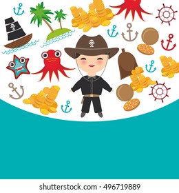 Marine pirate card banner design with copy space, pirate boat with sail, gold coins crab octopus starfish island with palm trees anchor compass treasures on white light blue background. Vector