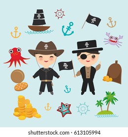 Marine pirate on blue background. pirate boat with sail, gold coins crab octopus starfish island with palm trees anchor compass anchor helm treasures. Vector