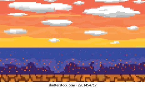 Marine pixel landscape video game user interface in Minecraft style, 8 bit background