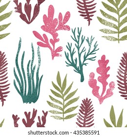 Marine plants background. Seaweed seamless pattern. Summer print. Textured illustration. Vector illustration