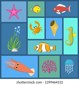 Marine plants and fish seamless pattern vector illustration. Fish swimming and seaweed in aquarium or sea. Underwater elements, sand and moss, jellyfish, sea horse and zebrafish cartoon.