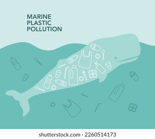 Marine plastic pollution illustration. Whale filled with plastic waste. 