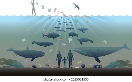 Marine pollution. Environmental destruction of the sea caused by plastics and the crisis of living things 