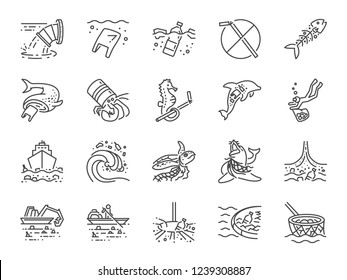 Marine pollution icon set. Included the icons as ocean trash, waste, junk, plastic, ocean cleaning and more.