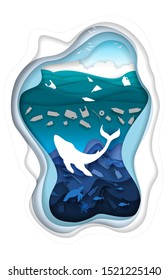 Marine pollution, vector illustration in layered paper art modern craft style. Paper cut underwater background with whale silhouette and floating plastic trash.