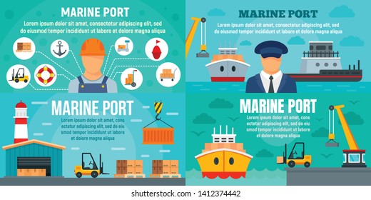 Marine port banner set. Flat illustration of marine port vector banner set for web design