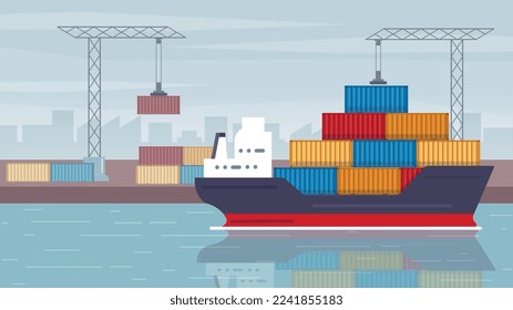 Marine port concept. Ship with multicolored metal containers. Delivery of goods by sea, international trade and globalization, shipping. Poster or banner for website. Cartoon flat vector illustration