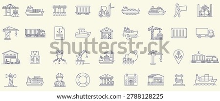 Marine port icon set. marine port, harbor, cargo, shipping, container, and logistics icons. Editable stroke.