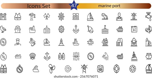 Marine port icon set. Included icons as sea freight services, ship, Shipping, cargo, container and more