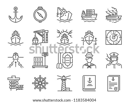 Marine port icon set. Included icons as sea freight services, ship, Shipping, cargo, container and more.