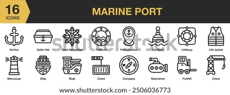 Marine Port icon set. Includes life jacket, lifebuoy, mercusuar, porthole, sailor hat, ship, and More. Solid icons vector collection.