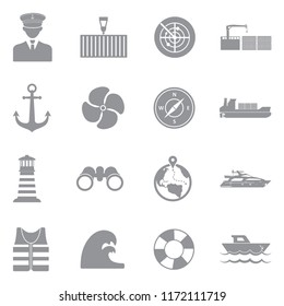 Marine Port Icons. Gray Flat Design. Vector Illustration. 